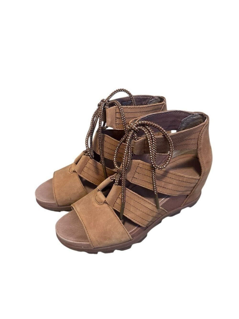 Sorel Joanie II Tan Brown Lace Wedgie Gladiator Leather Sandal Size 10 EUC Comfy